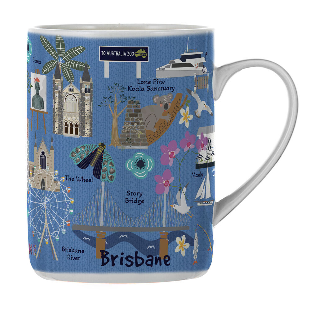 2PK Ashdene Land Down Under Brisbane Bone China Drinking Mug Blue 370ml