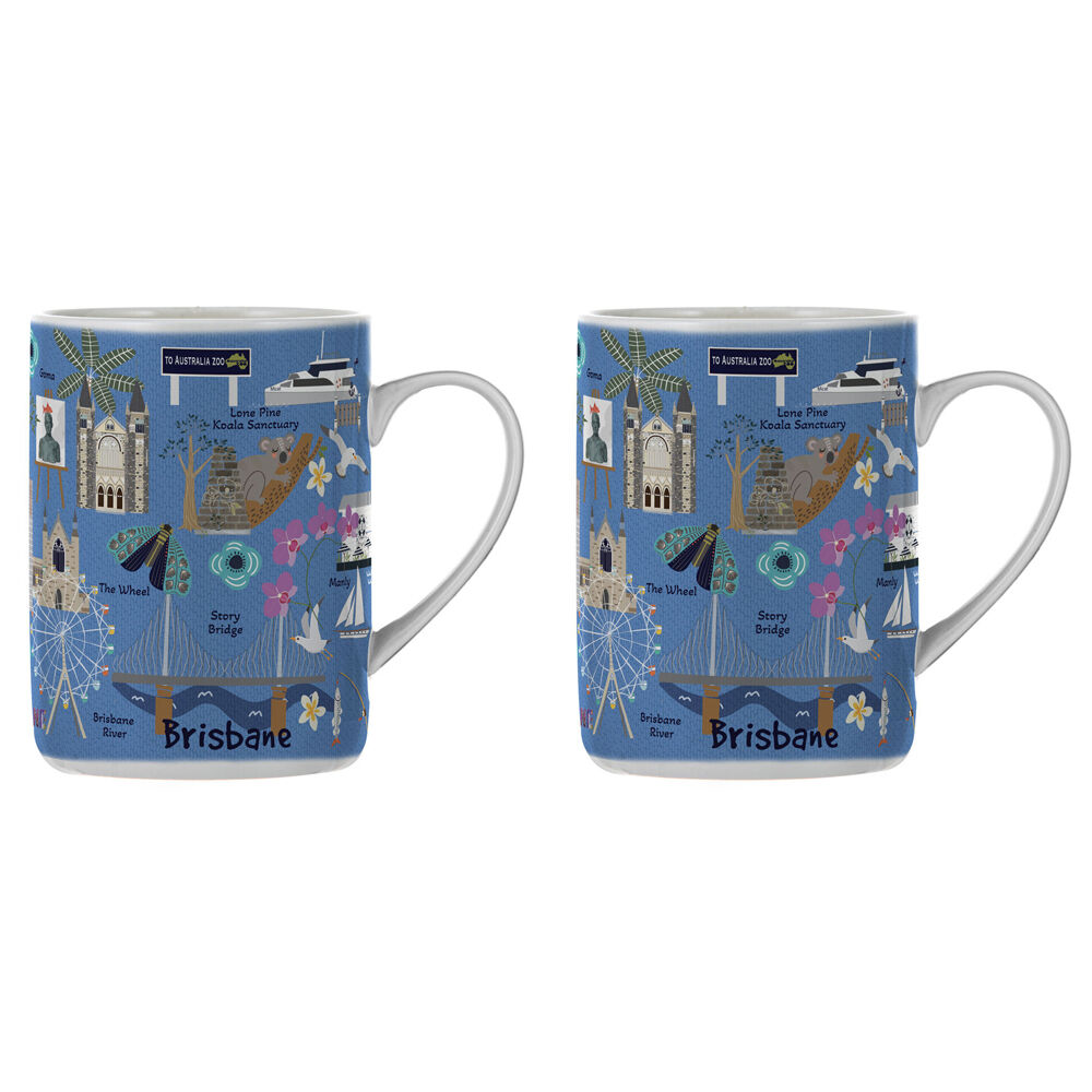 2PK Ashdene Land Down Under Brisbane Bone China Drinking Mug Blue 370ml