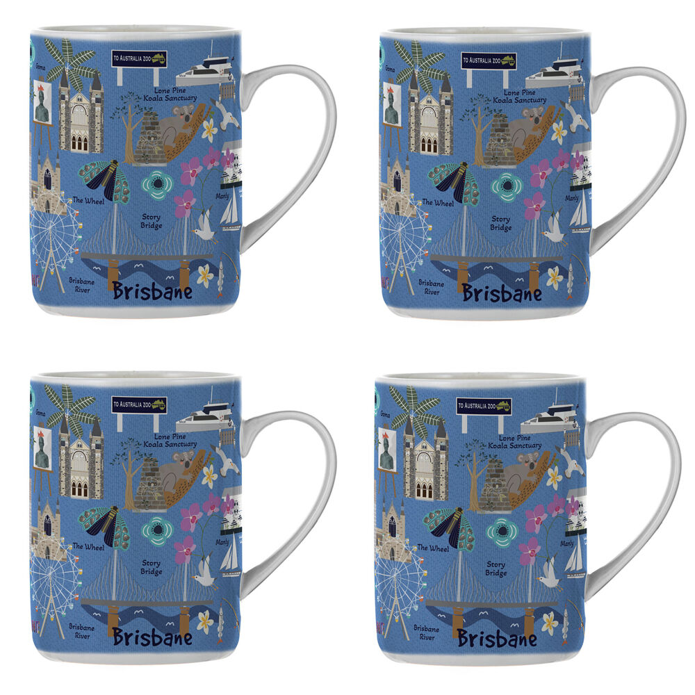 4PK Ashdene Land Down Under Brisbane Bone China Drinking Mug Blue 370ml