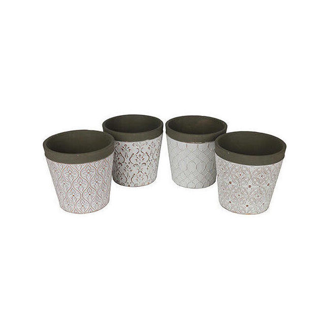 4pc LVD Small Patterned Clay Planter Indoor Pots Set 11x11cm Neutral