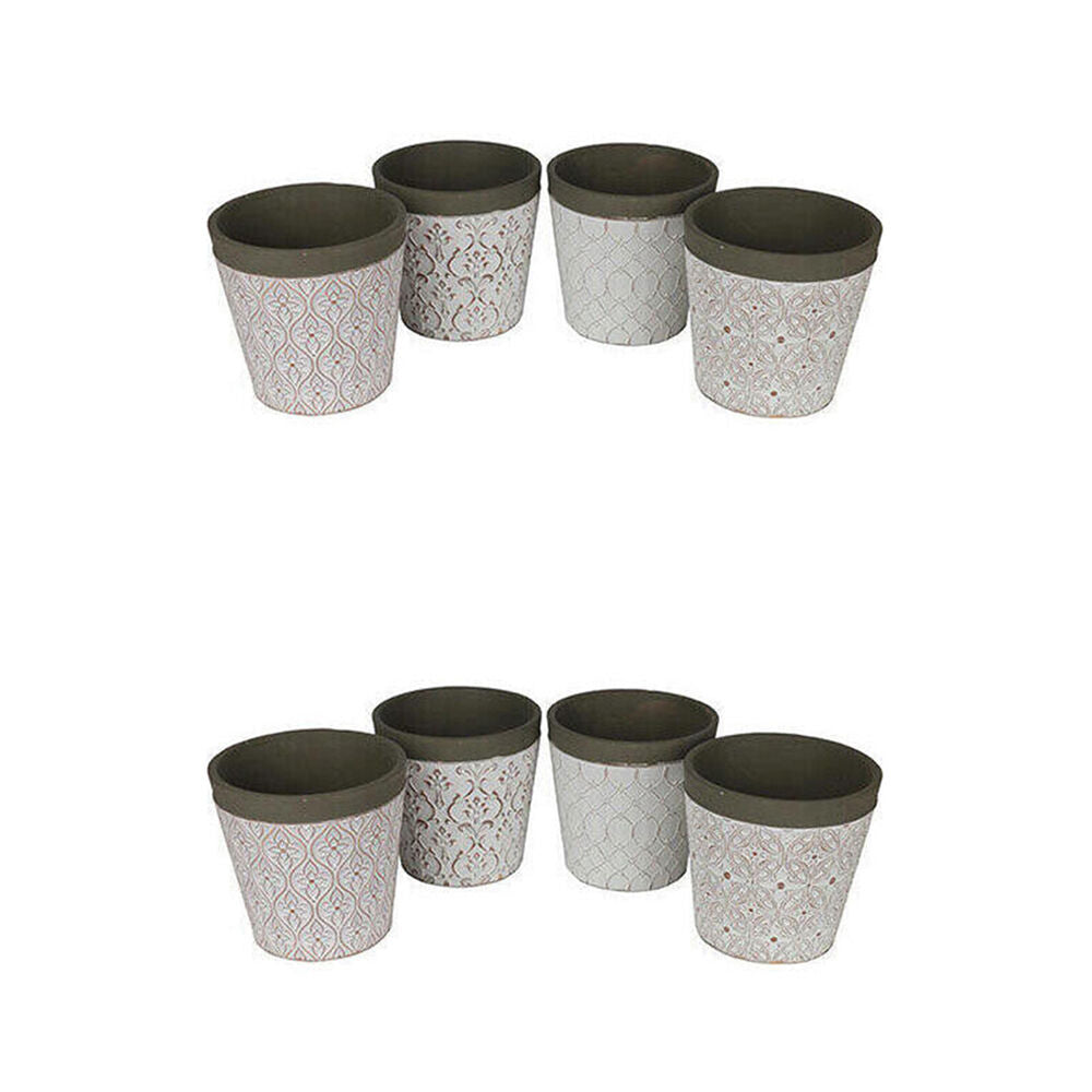 2x 4pc LVD Small Patterned Clay Planter Indoor Pots Set 11x11x11cm Neutral