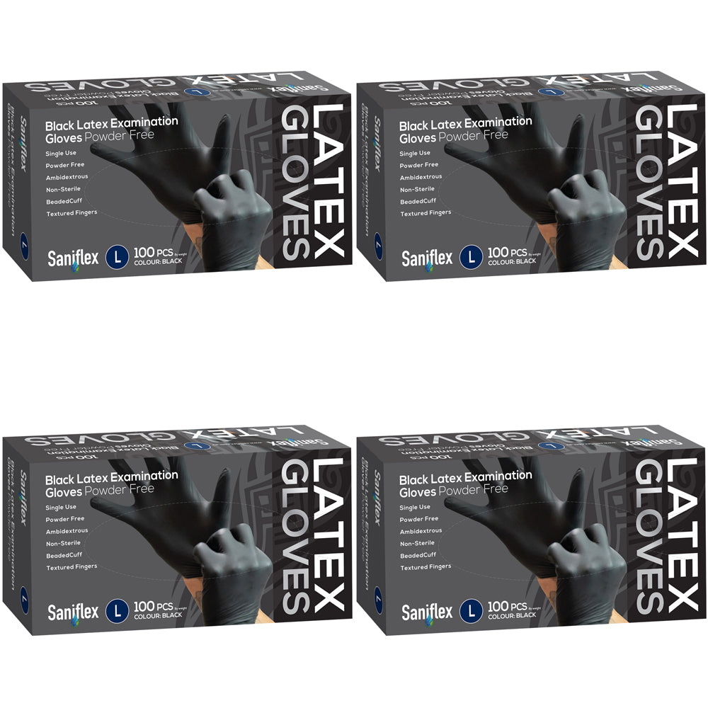 400pc Saniflex Black Latex Powder Free Gloves-Size L