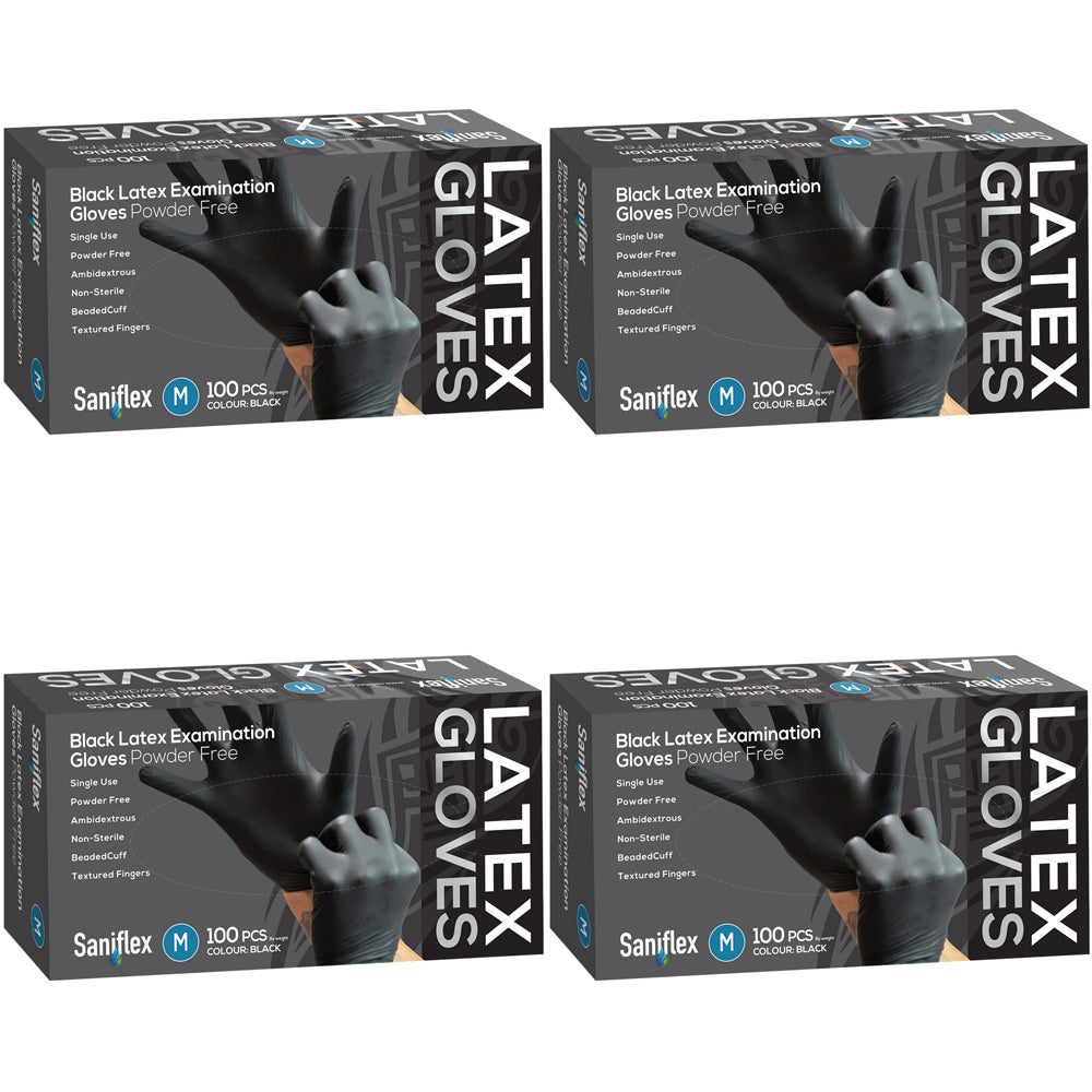 400pc Saniflex Black Latex Powder Free Gloves- Size M