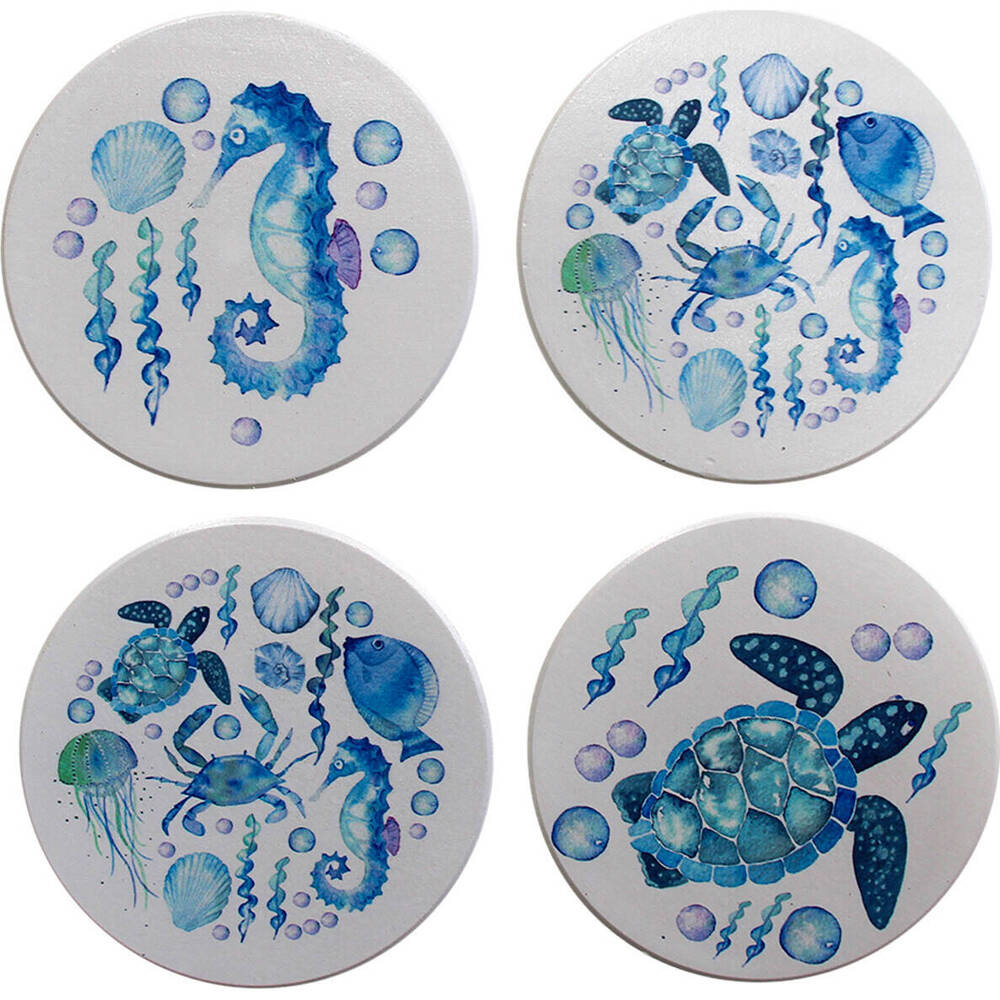 8pc LVD Ceramic Coasters Table Protector Round 9x9cm - Blue Sealife