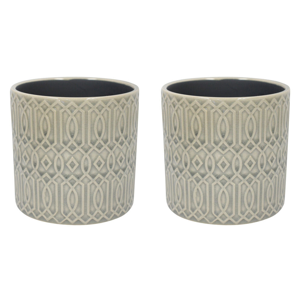 2PK LVD Ceramic Decorative Indoor Planter Pot Tribal Large 11x12cm Grey