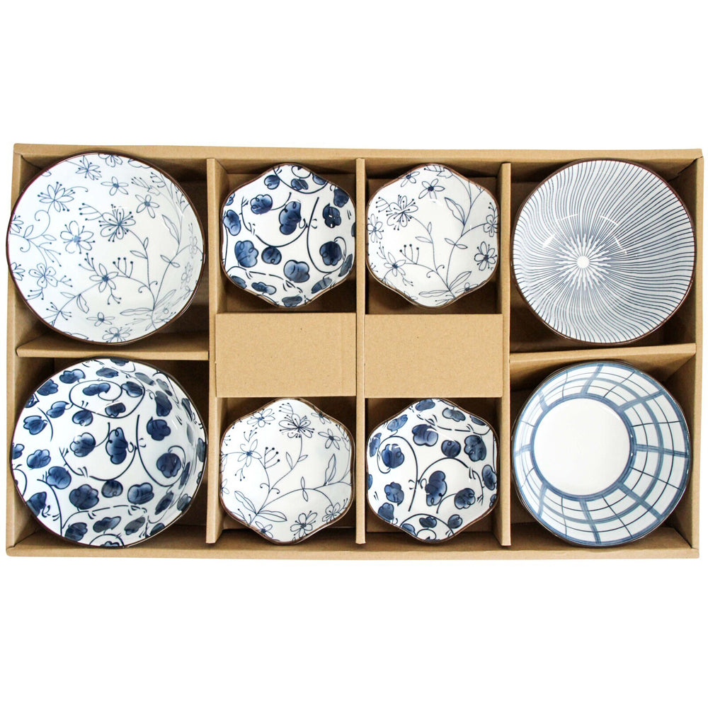 LVD 8pc Ceramic Jappa Bowl Round Dinnerware Set - White/Blue