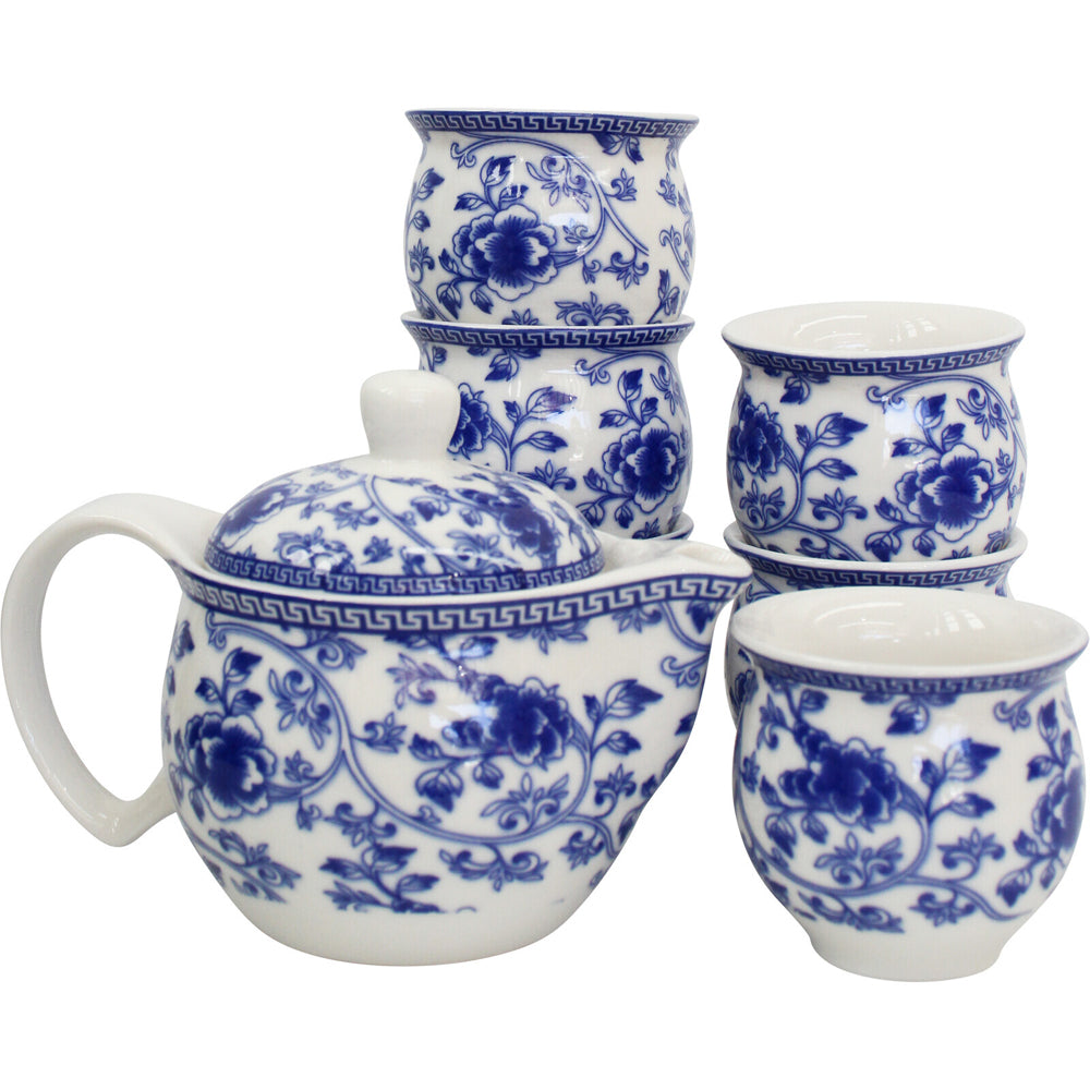 LVD 7pc Floral Ceramic 16cm Teapot/7cm Cup Tea Set - Blue