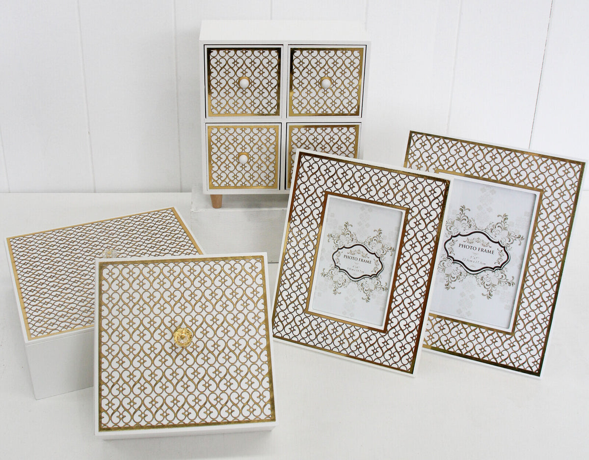 LVD MDF 24cm Square 4-Drawer w/ Stand Organiser Storage - White/Gold