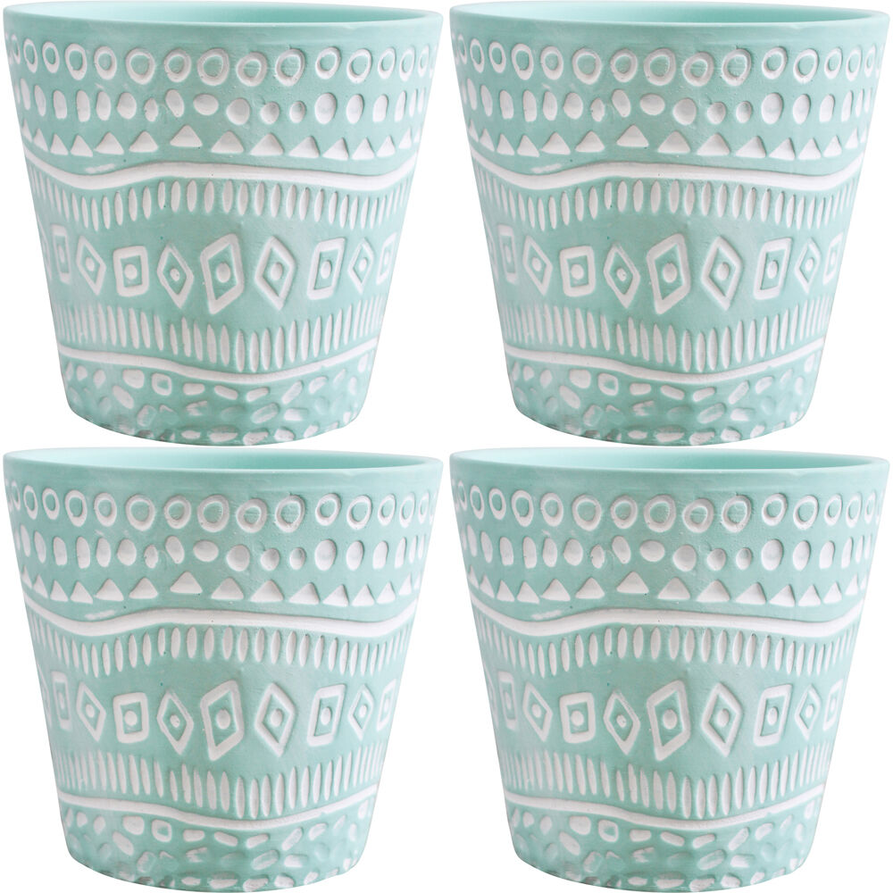 4PK LVD Ceramic Decorative Indoor Planter Pot Tribal 2 13x12cm Mint Green