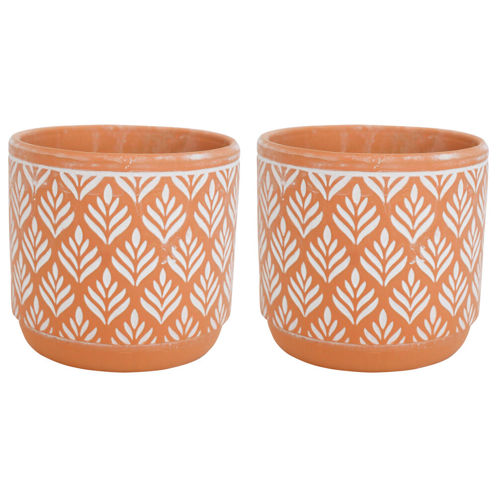 2PK LVD Terracotta Ceramic Decorative Planter Pot Leaf Print 14x13cm Natural
