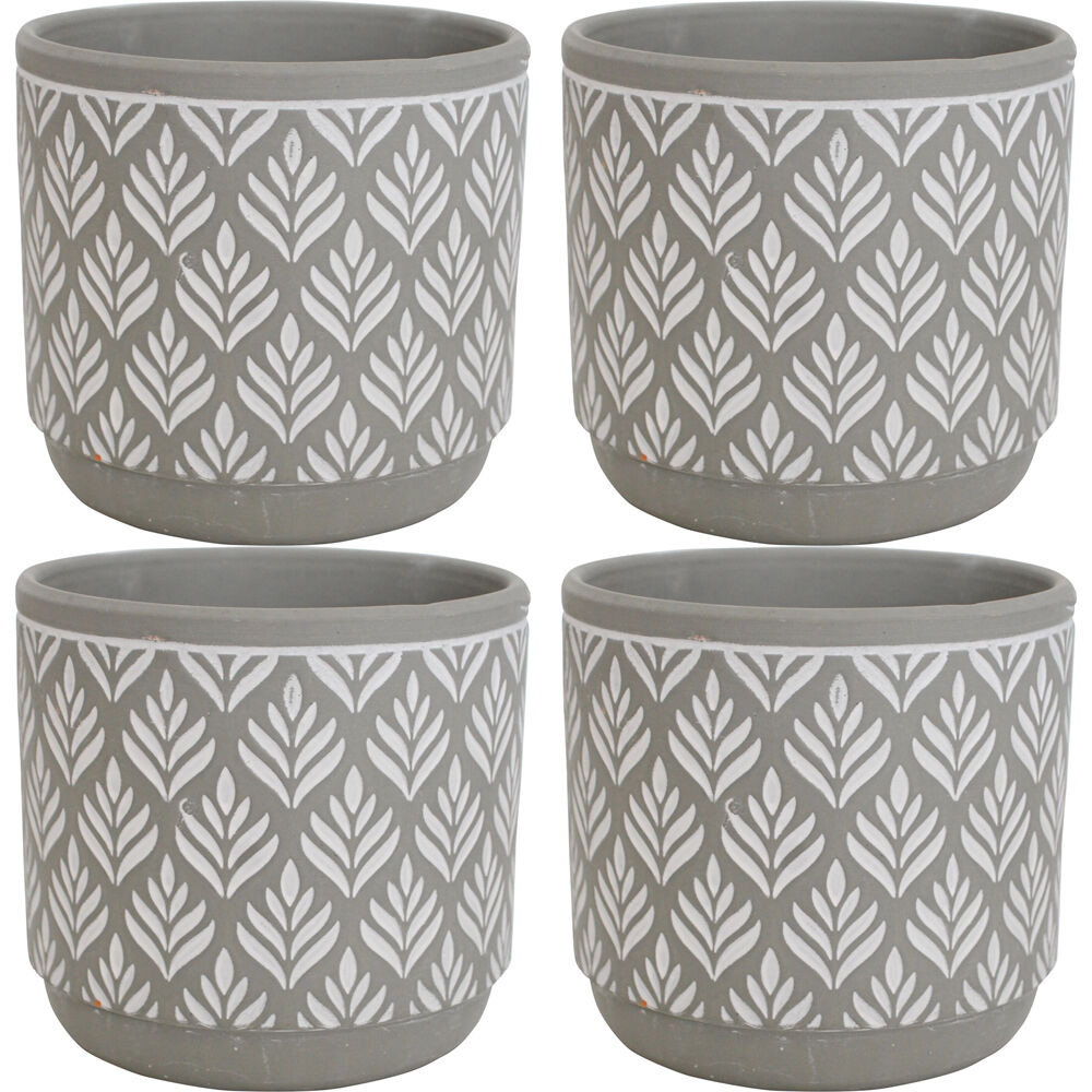4PK LVD Terracotta Ceramic Decorative Planter Pot Leaf Print 14x13cm Grey