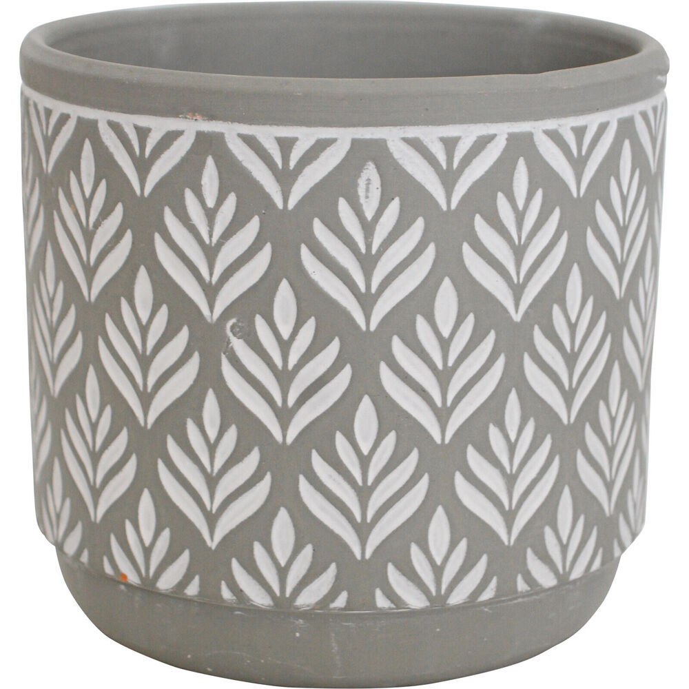 4PK LVD Terracotta Ceramic Decorative Planter Pot Leaf Print 14x13cm Grey