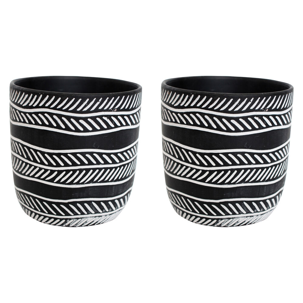 2PK LVD Terracotta Ceramic Decorative Planter Pot Rows 13.5x13cm Black/White