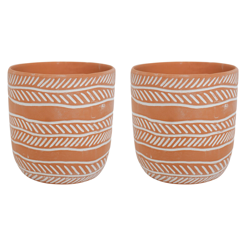 2PK LVD Terracotta Ceramic Decorative Planter Pot Rows 13.5x13cm Natural