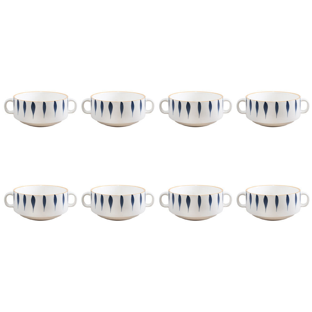 8PK LVD Ceramic Dash Soup Mug Double Handle 16.5x12cm - White/Blue