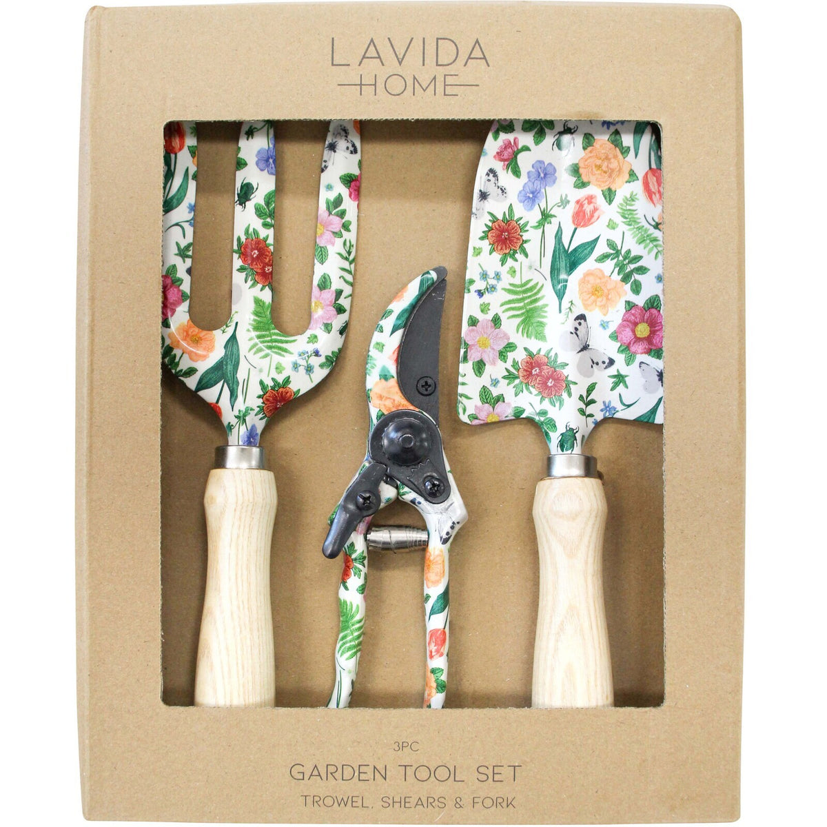 3pc LVD Iron/Timber Garden Tool Trowel/Shears/Fork Set - Summer