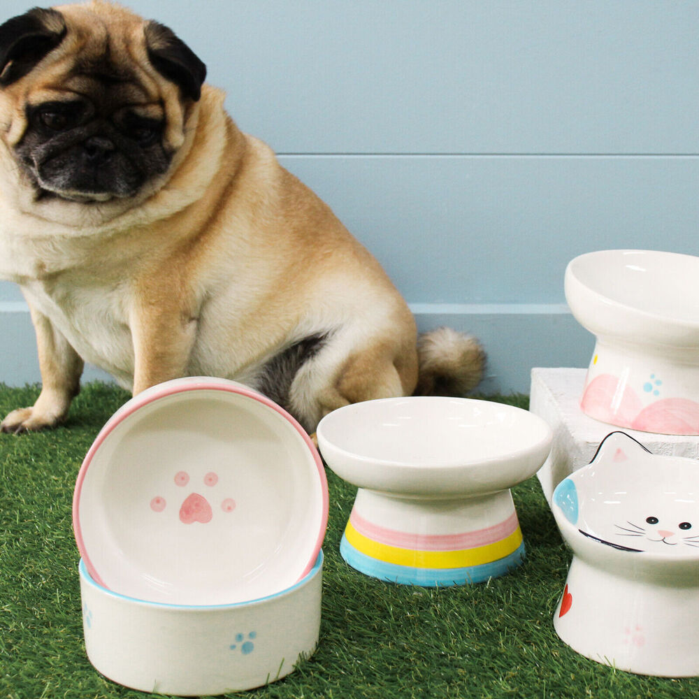 2PK LVD Ceramic Stripes Raised Pet Feeding Bowl 8.5x15cm Multicoloured