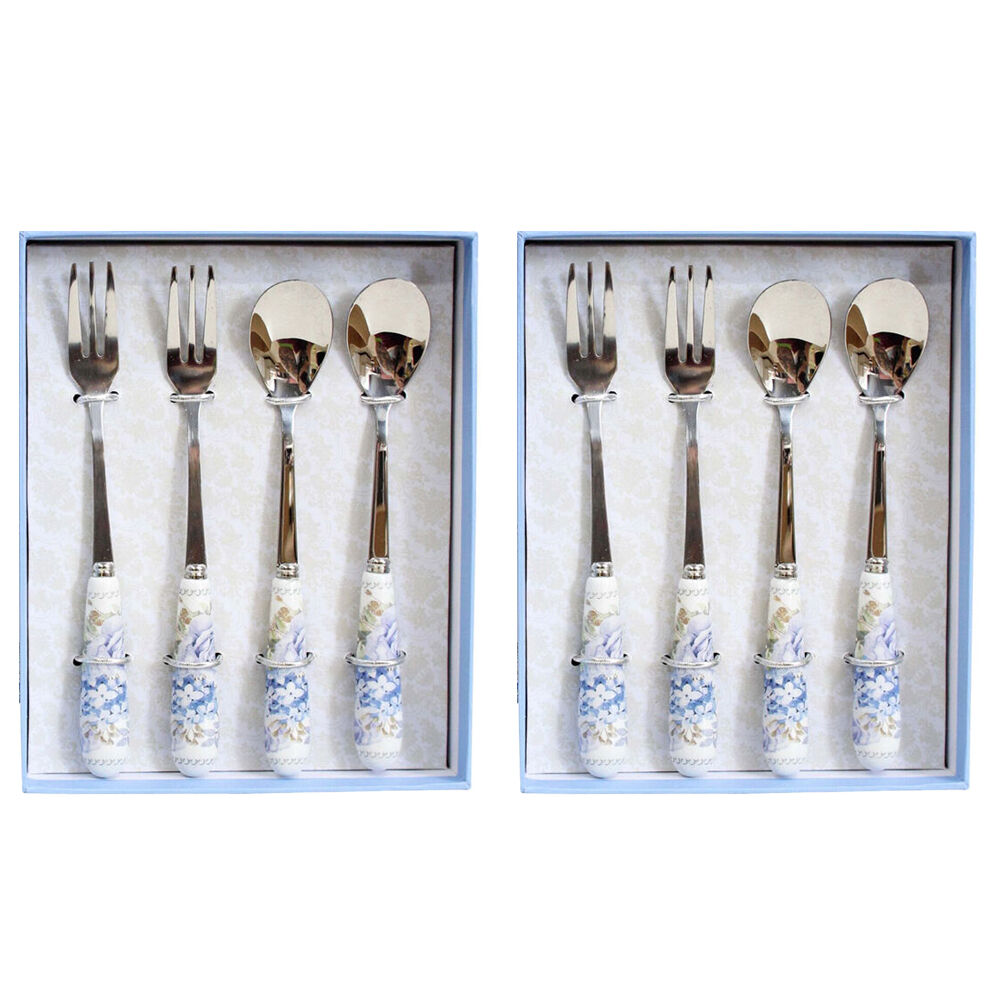 2x 4pc LVD Hydrangea Ceramic/Stainless Steel Spoon/Fork Utensil Set 15.5cm