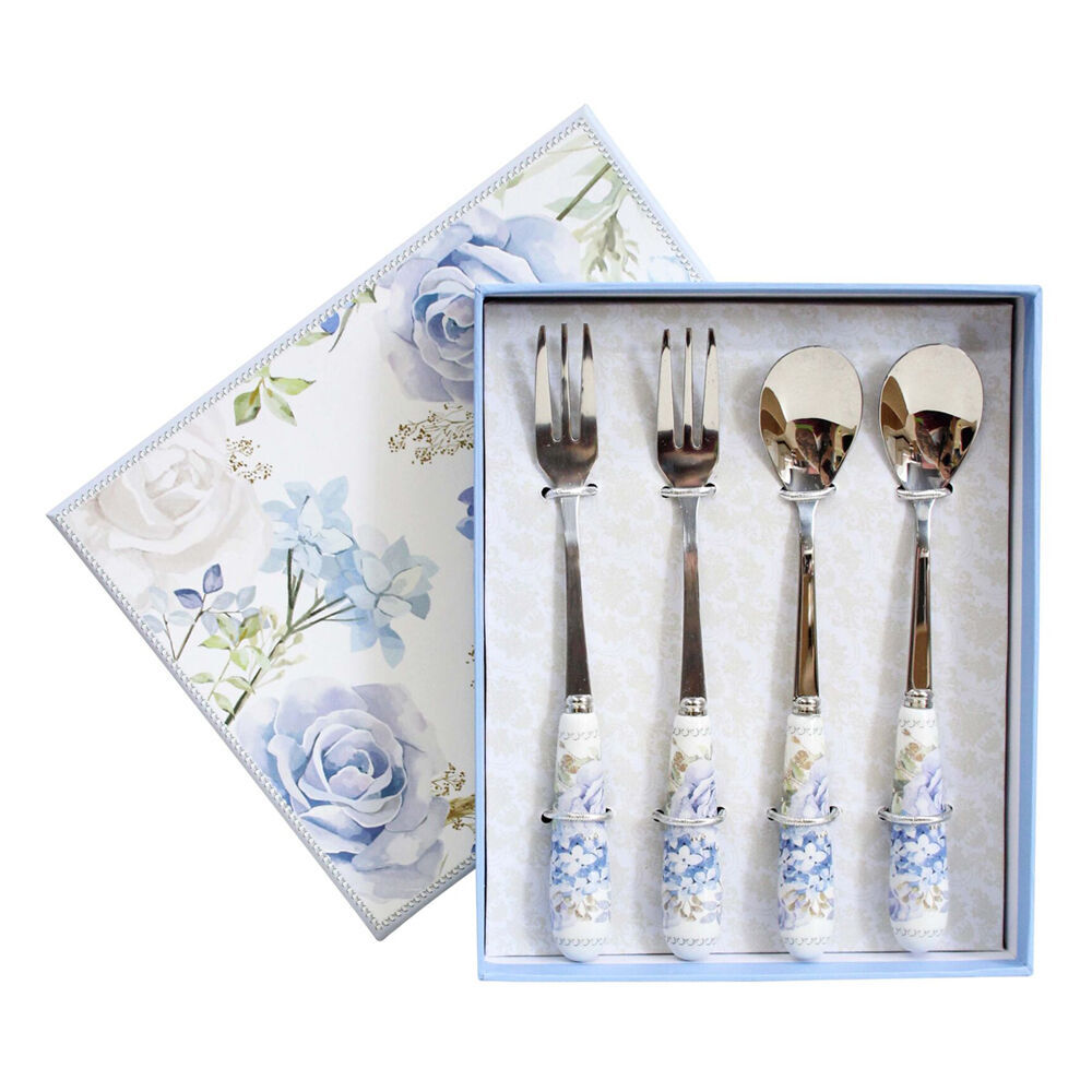 2x 4pc LVD Hydrangea Ceramic/Stainless Steel Spoon/Fork Utensil Set 15.5cm