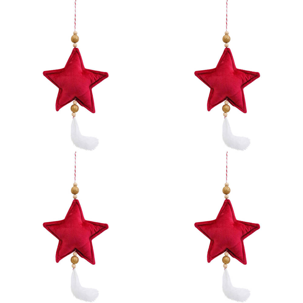 4PK LVD Hanging Star Wine Velvet Christmas Ornament 14cm - Red