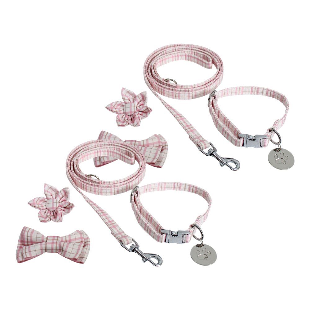 2PK Lavida Polyester/Metal Pet/Dog S-M Collar & Accessories Set - Check Pink