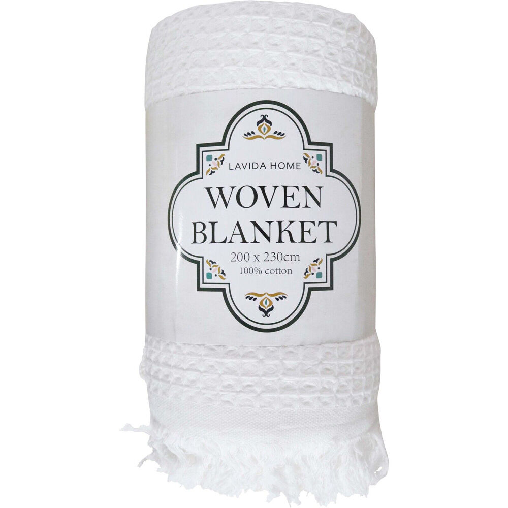LVD 100% Cotton Textured Waffle Weave Throw Blanket 230x200cm White