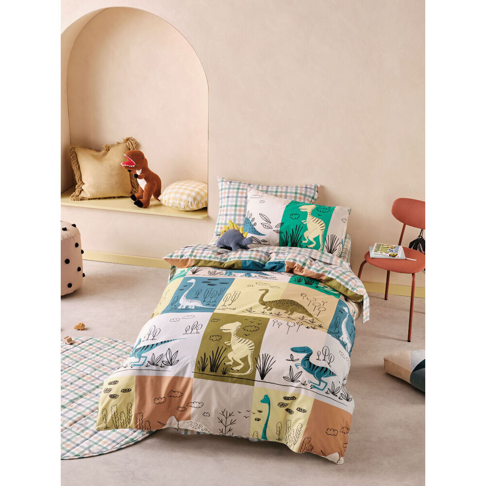 Linen House Kids Cotton Bed Quilt Cover Set Prehistoric Patchwork