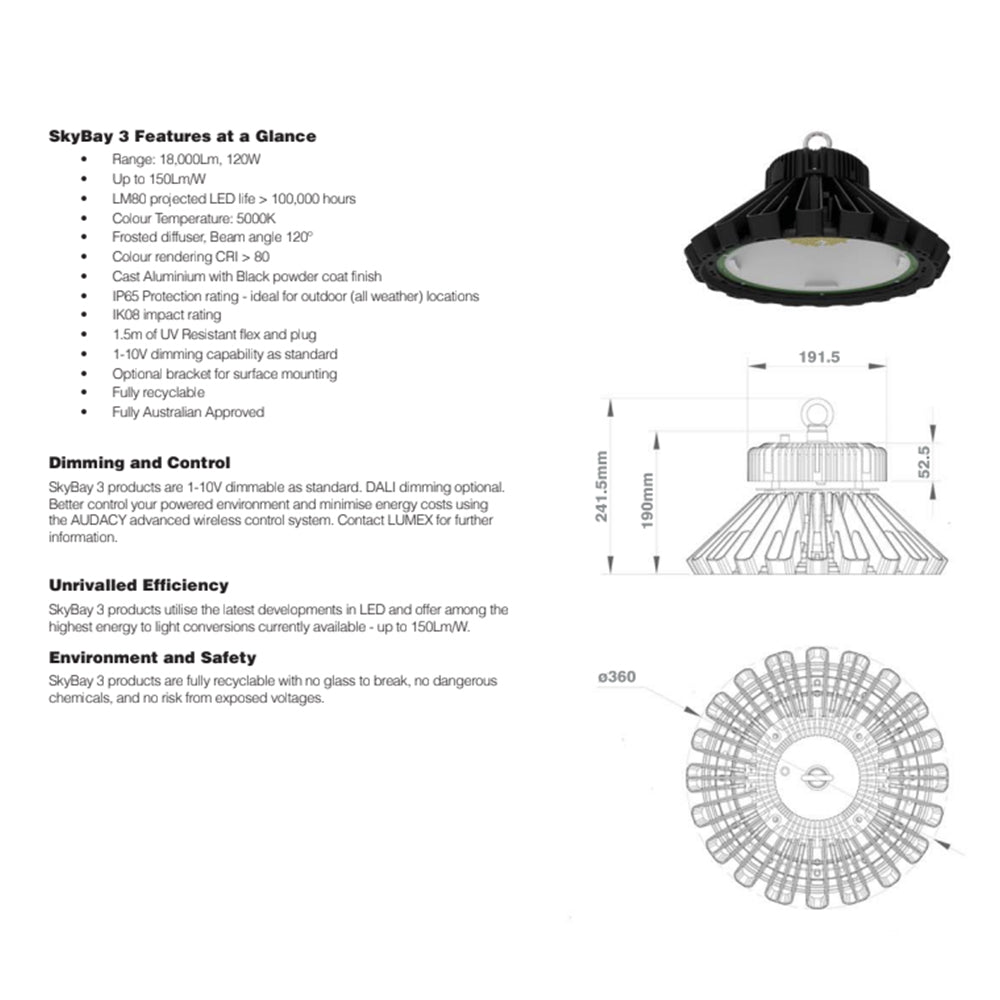 Lumex Highbay SkyBay 3 LED Hanging Ceiling Light w/Dimming 120W/5K
