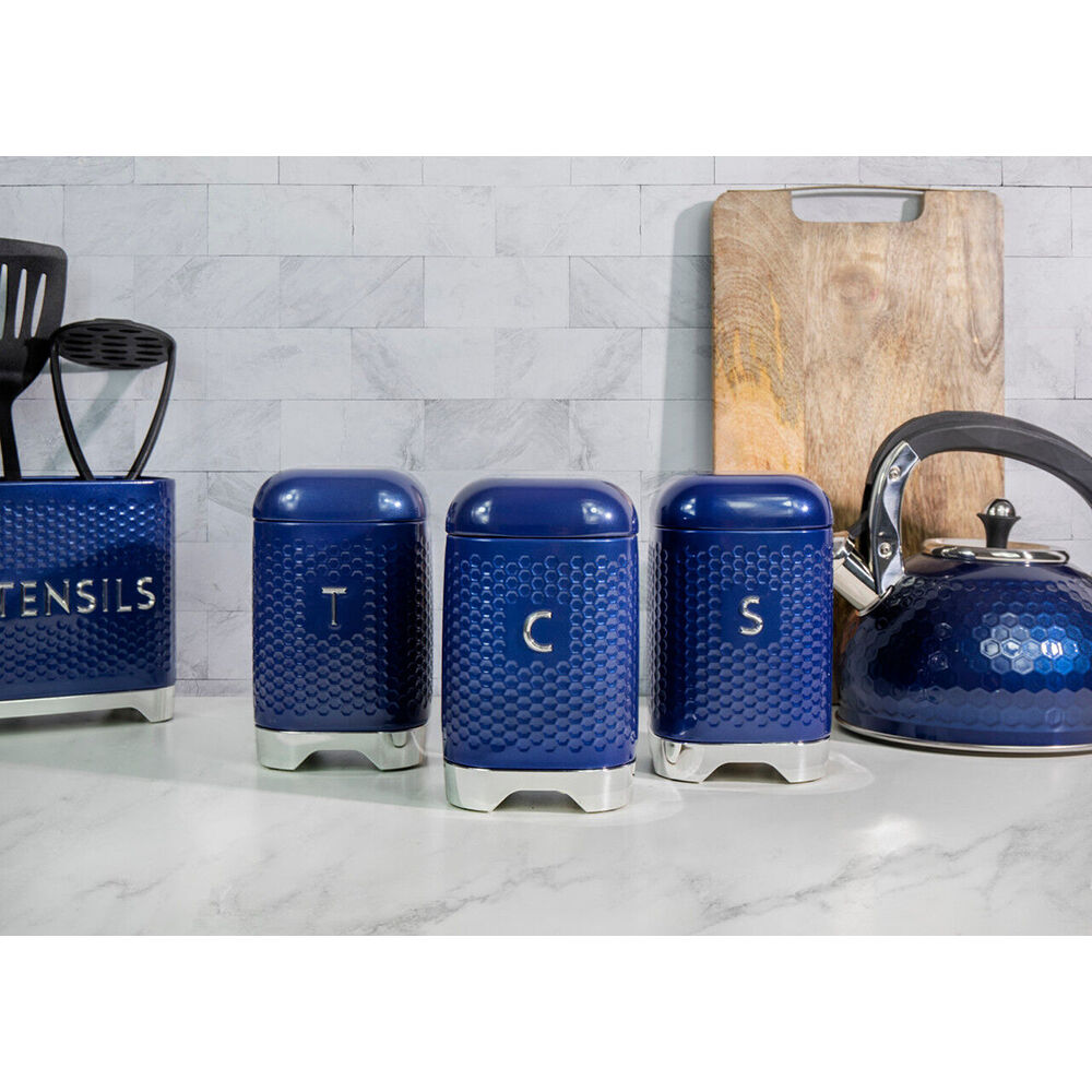 Lovello Carbon Steel Retro Coffee Canister w/ Geometric Finish - Midnight Navy