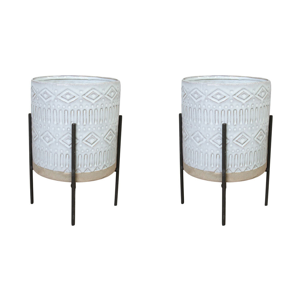 2PK LVD Ceramic Stoneware Planter Pot & Stand Script 14.5x15cm Neutral/White