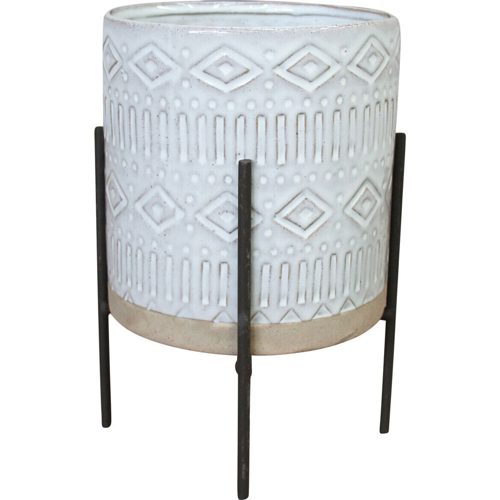 2PK LVD Ceramic Stoneware Planter Pot & Stand Script 14.5x15cm Neutral/White