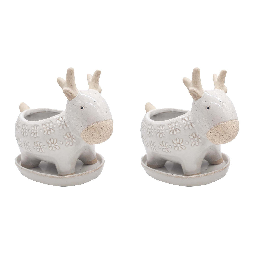 2PK LVD Ceramic/Stoneware Planter Deer Home Decor 17.7cm White