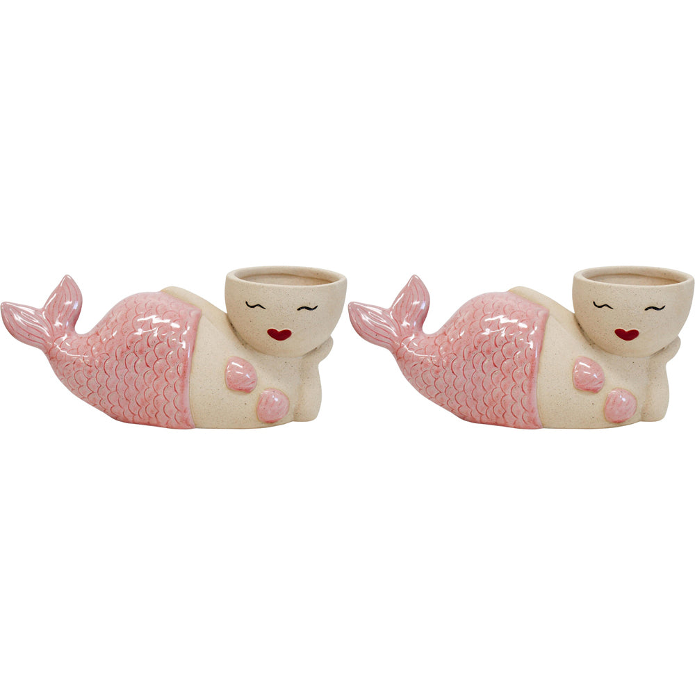 2PK LVD Ceramic Planter Mermaid Sultry Peach Decorative Home Decor