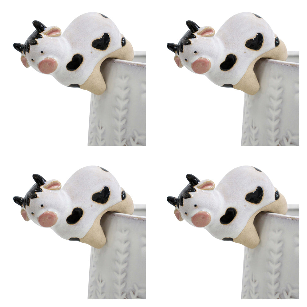 4PK LVD Ceramic Stoneware 8cm Pot Sitter Cow Ornament - White