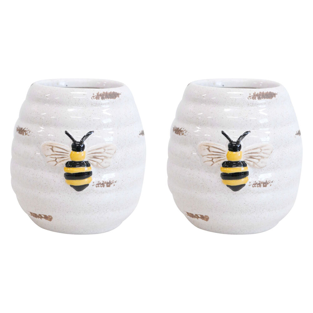 2PK LVD Ceramic Pot Plug Bee Rustic Home/Garden Decor 8x9cm - White