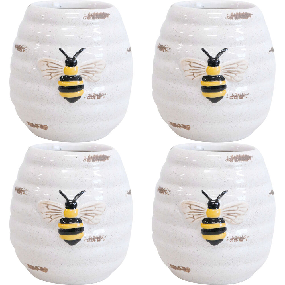4PK LVD Ceramic Pot Plug Bee Rustic Home/Garden Decor 8x9cm - White