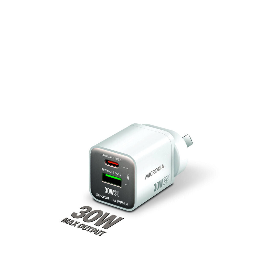 Microdia SmartCube Nano 30W Dual Port GaN USB-A USB-C Wall Charger - White