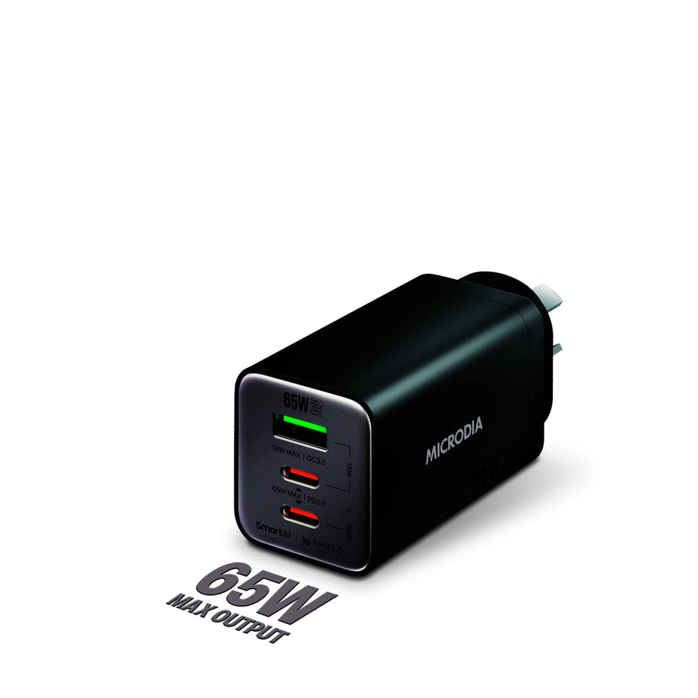 Microdia SmartCube Nano 65W Tri Port GaN Wall Charger - Black