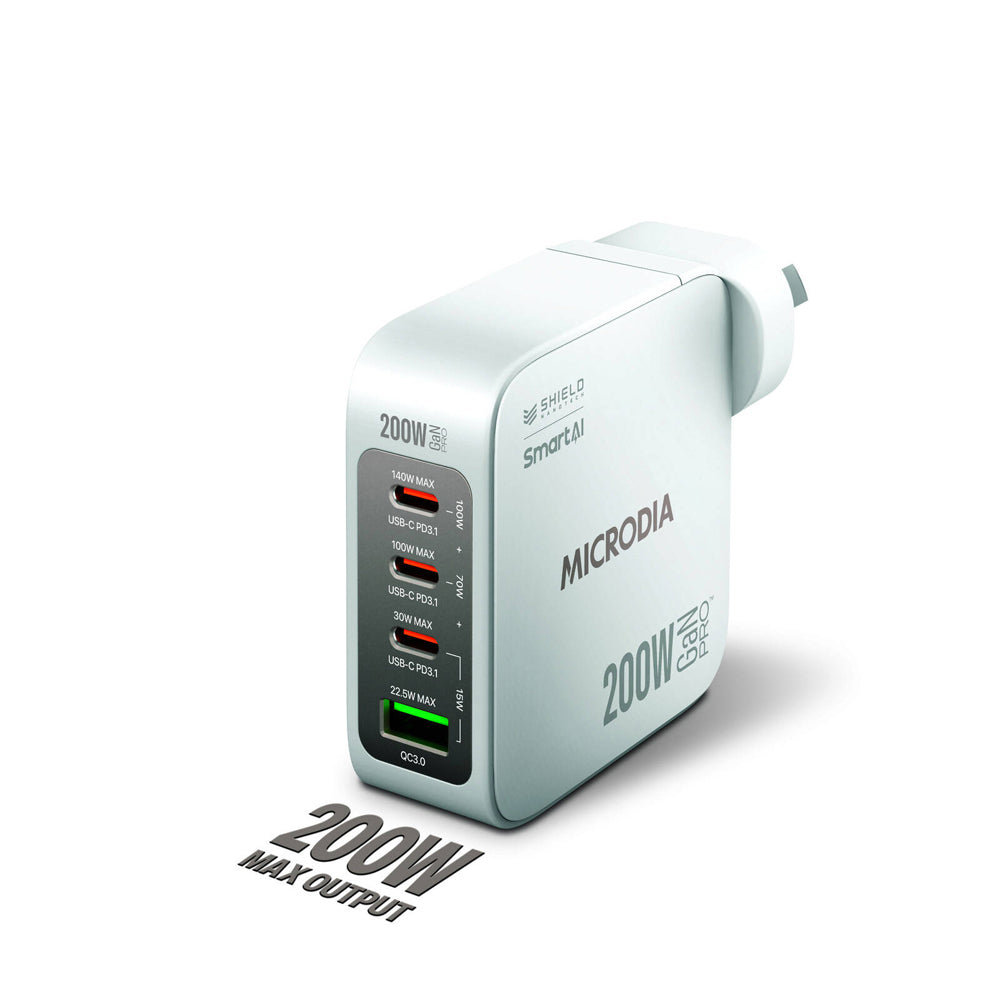 Microdia SmartCube Nano 200W 4 Port GaN Wall Charger - White