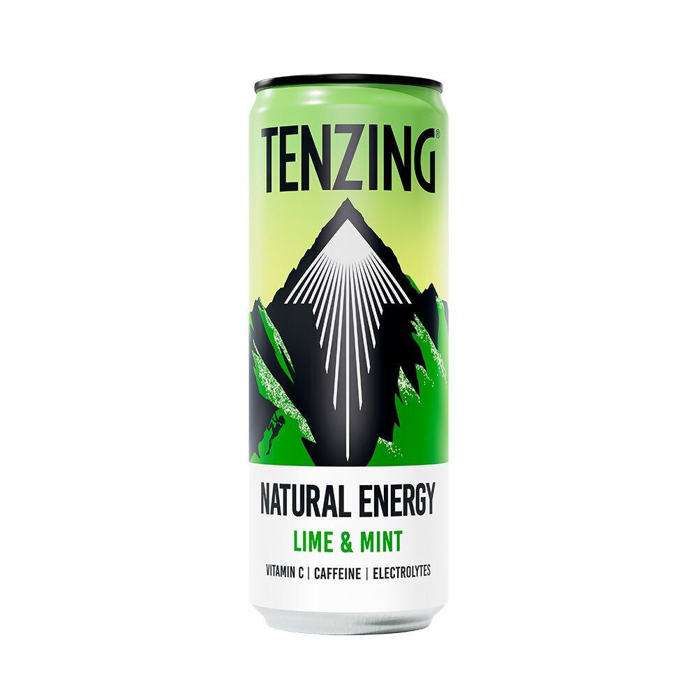 12PK Tenzing Natural Sparkling Energy Drink Lime And Mint Cans Vegan 330ml
