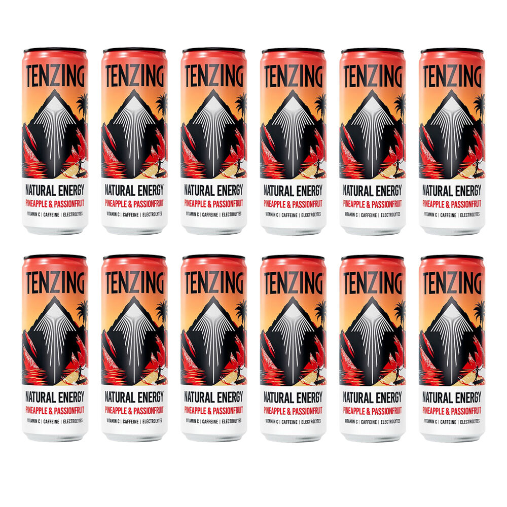 12PK Tenzing Natural Energy Drink Pineapple and Passionfruit Cans Vegan 330ml