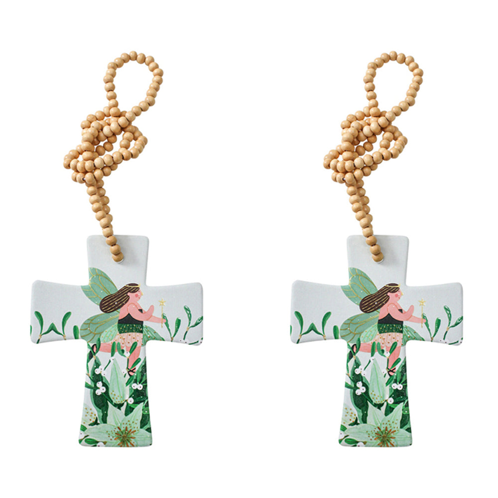 2PK LVD Ceramic/Wood Hanging 14cm Cross Fairy w/ Beads Ornament Decor