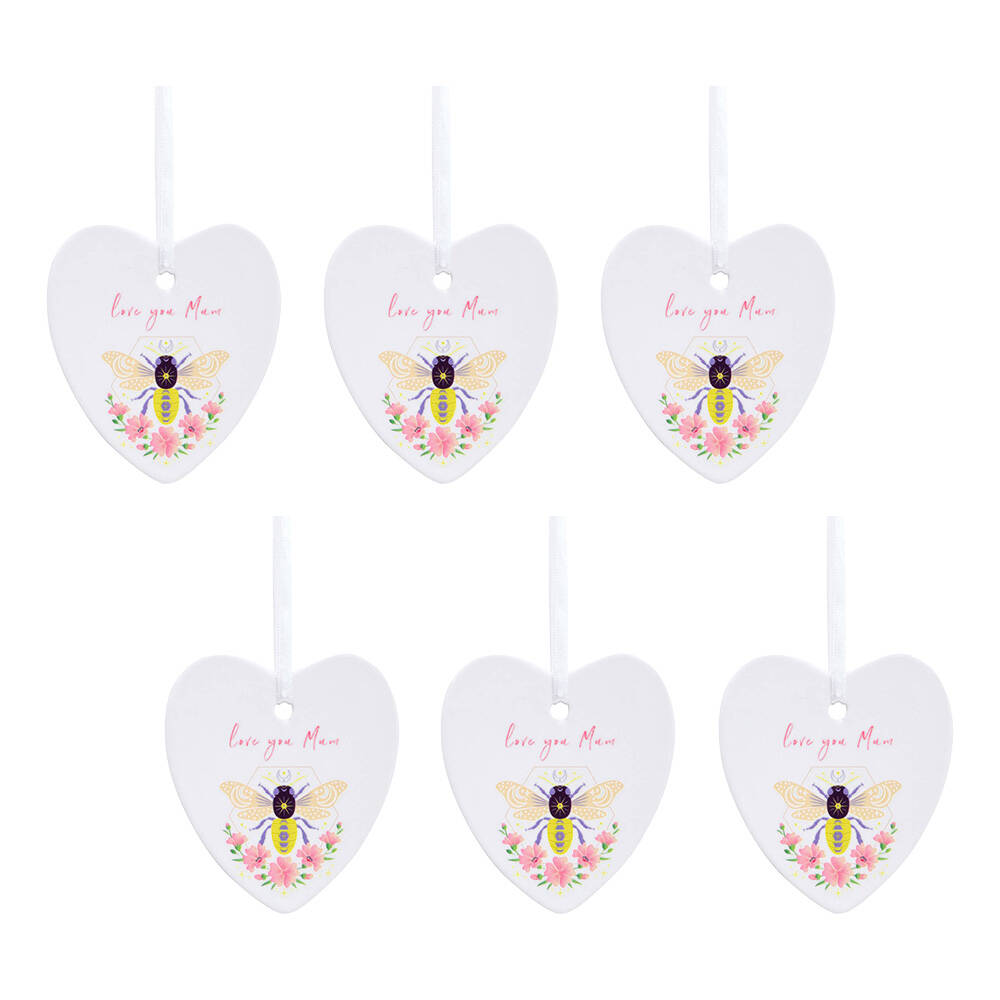6PK LVD Bee Heart Mum Ceramic Hanging Ornament Decor 9cm