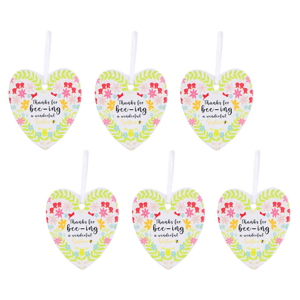 6PK LVD Bee Heart Sister Ceramic Hanging Ornament Decor 9cm