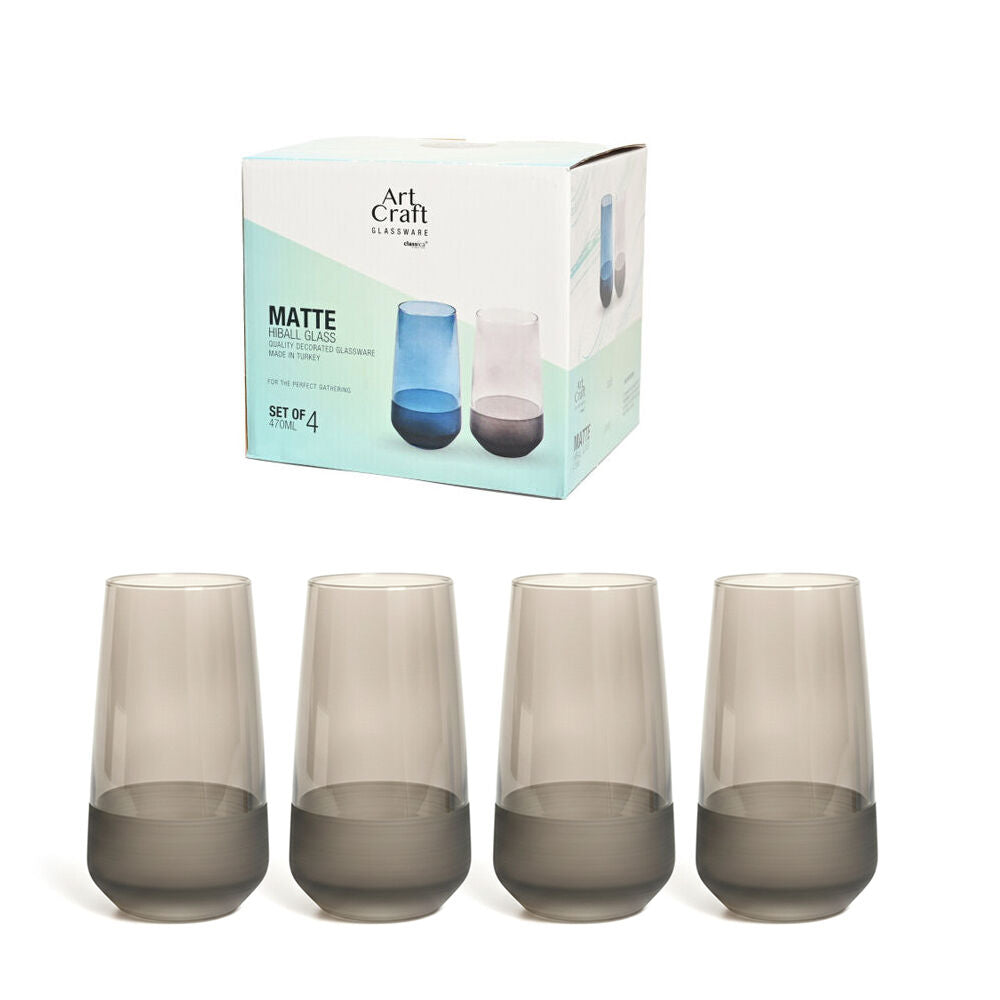 2x 4pc Artcraft Matte Decorated Hi-ball Drinking Glass 470ml Smoke