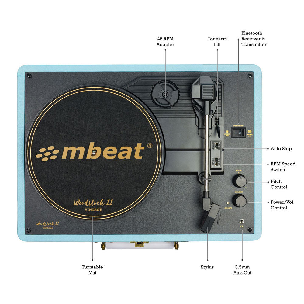 Mbeat Woostock 2 Retro Turntable Record Player - Sky Blue
