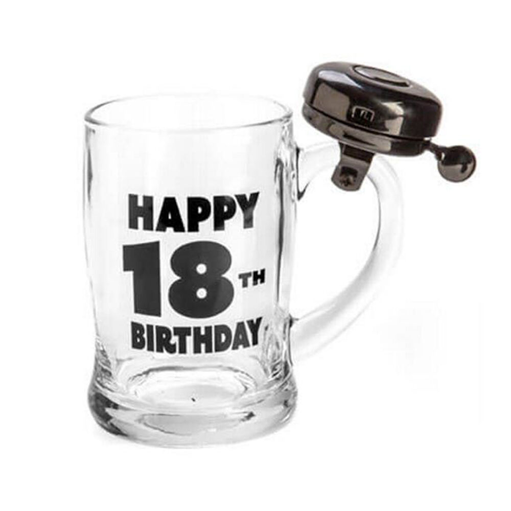 MDI Bell Mug Beer Stein Glass Party Drinkware Clear - Happy 18th Birthday