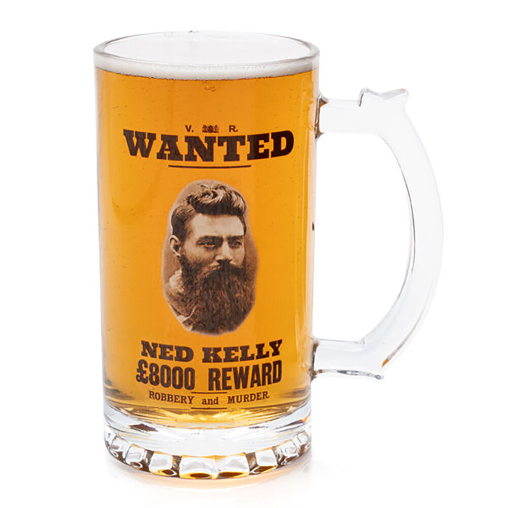 Outback Mates Beer Stein Glass Mug Drinkware 450ml Clear Bushranger Ned