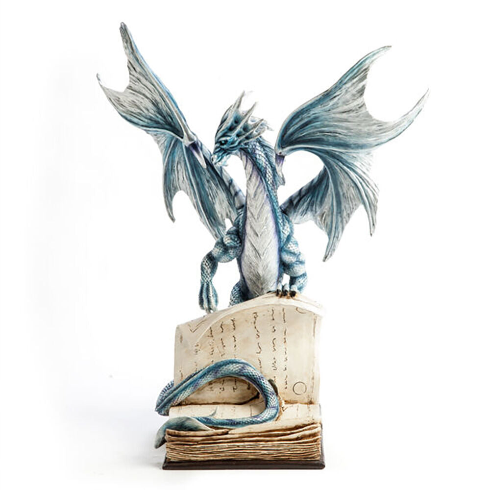 Mystical Worlds Large Blue Dragon Figurine w/ Ancient Book Display 27x41cm