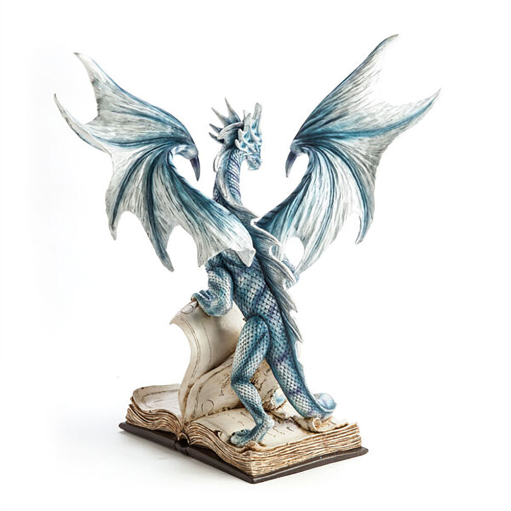 Mystical Worlds Large Blue Dragon Figurine w/ Ancient Book Display 27x41cm